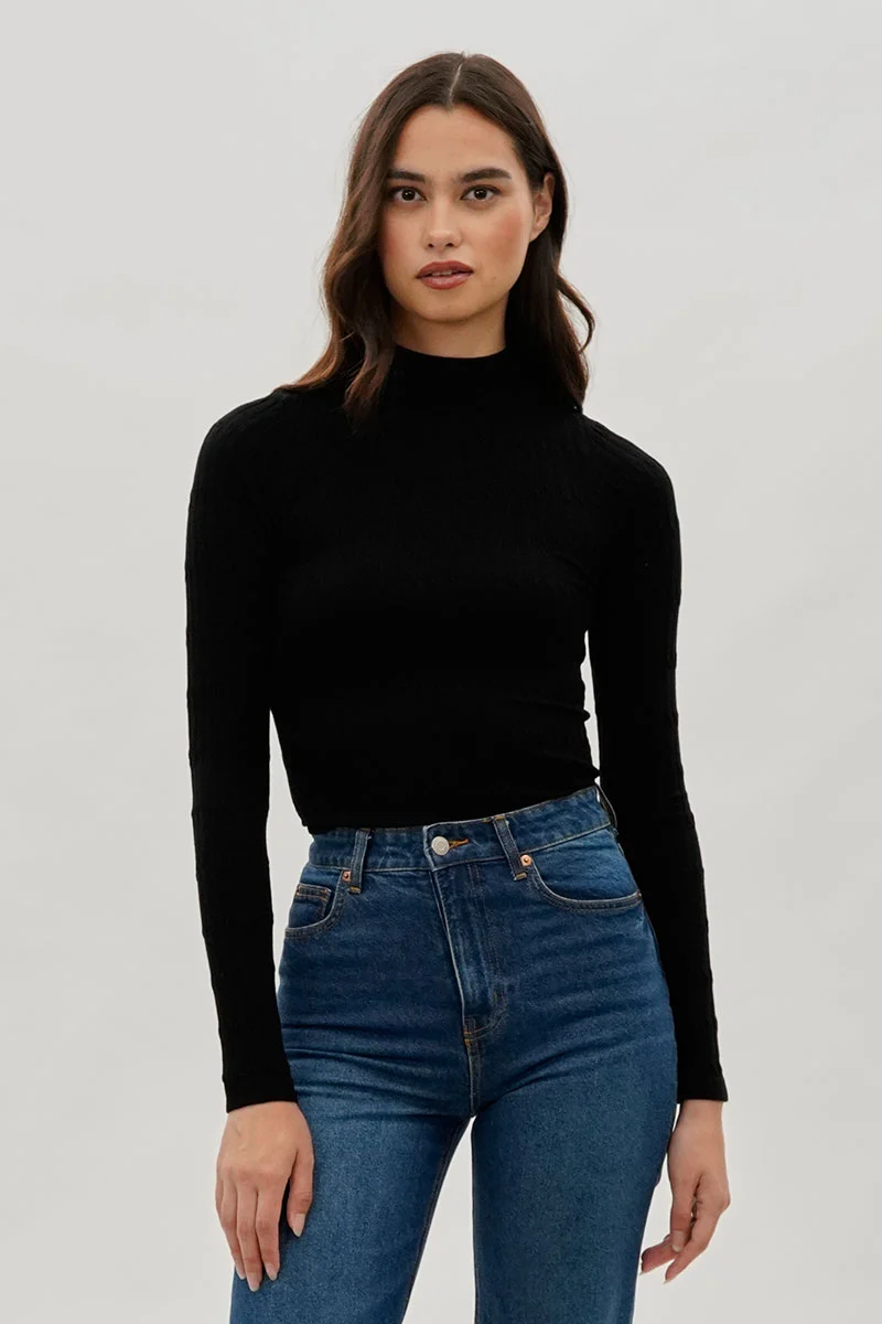 Ribbed Mock Neck Long Sleeve Top - Black