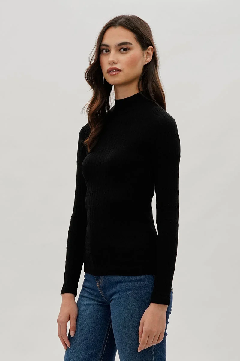 Ribbed Mock Neck Long Sleeve Top - Black - Image 2