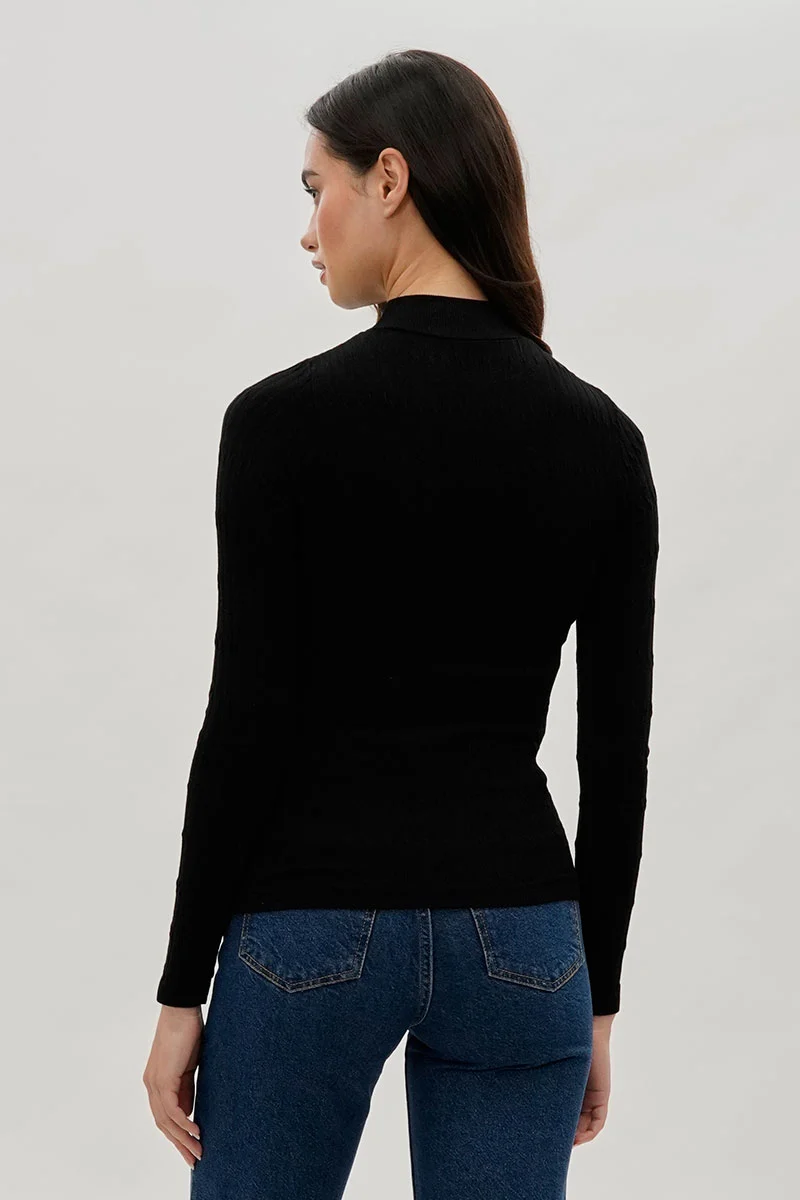 Ribbed Mock Neck Long Sleeve Top - Black - Image 3