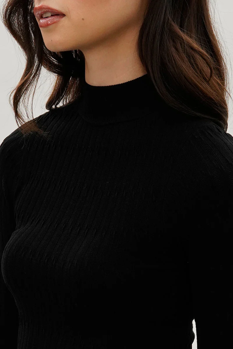 Ribbed Mock Neck Long Sleeve Top - Black - Image 4