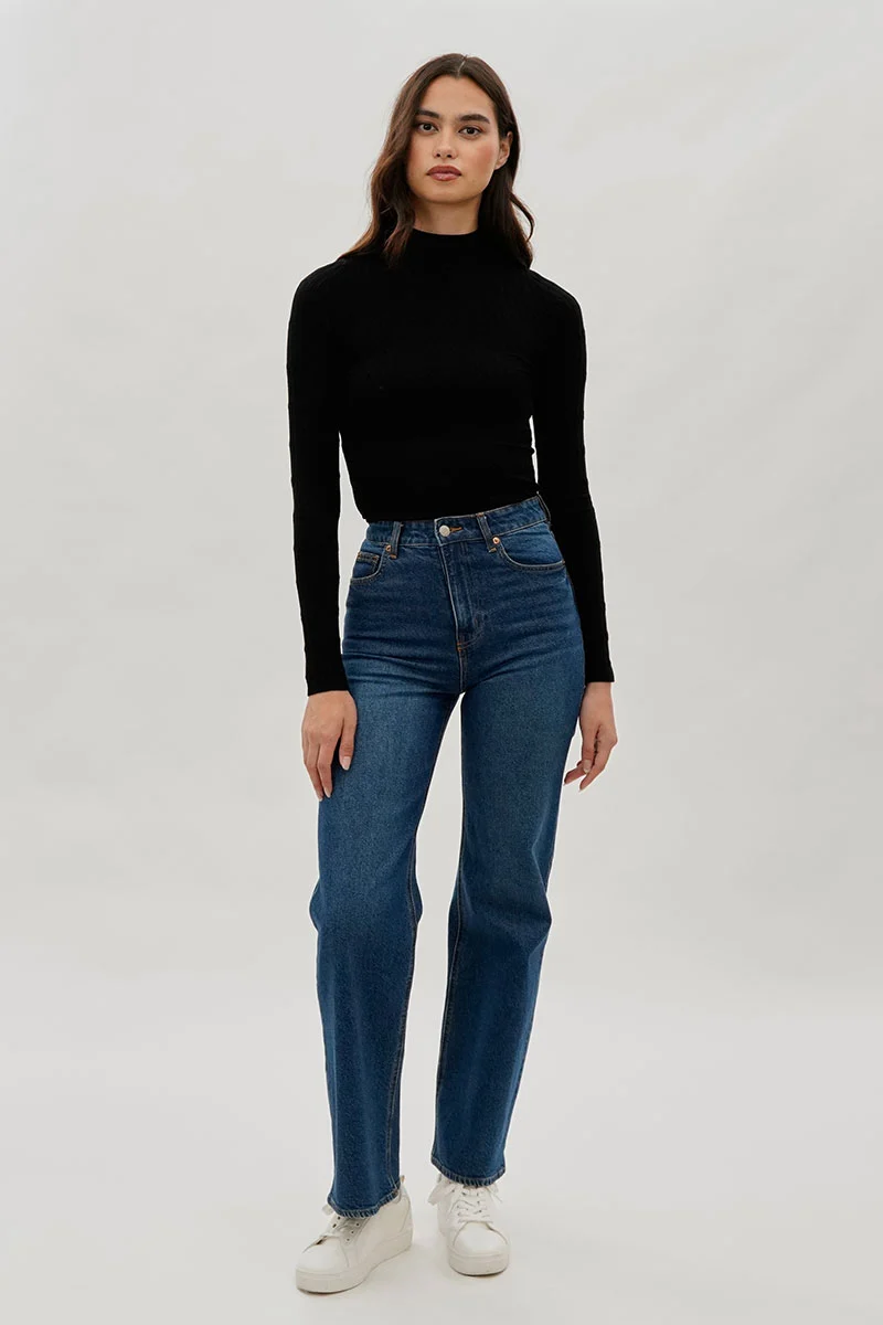 Ribbed Mock Neck Long Sleeve Top - Black - Image 5
