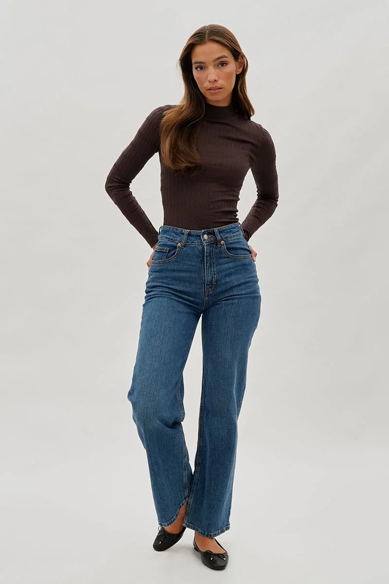 Ribbed Mock Neck Long Sleeve Top - Brown - Image 5