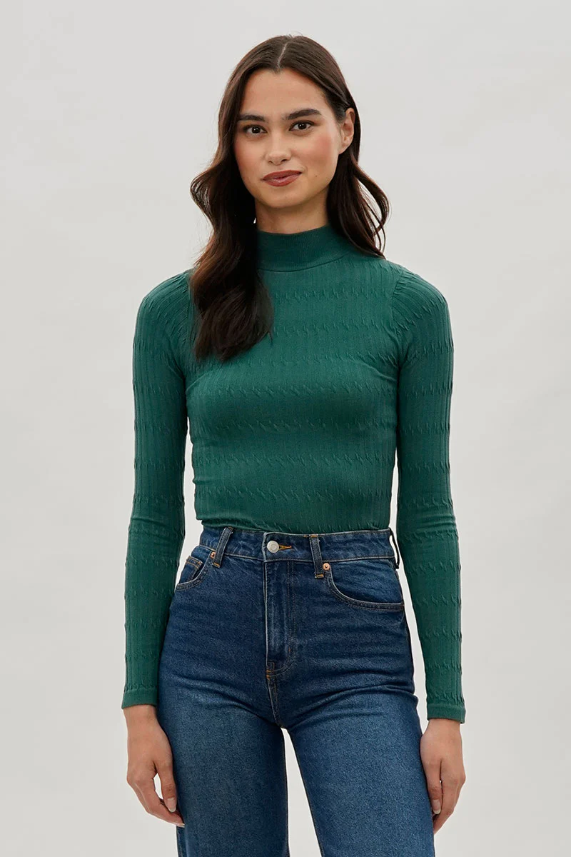 Ribbed Mock Neck Long Sleeve Top - Green