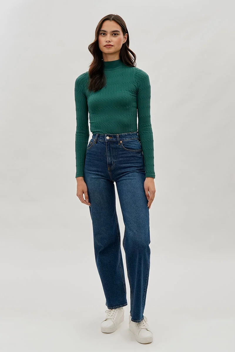 Ribbed Mock Neck Long Sleeve Top - Green - Image 5