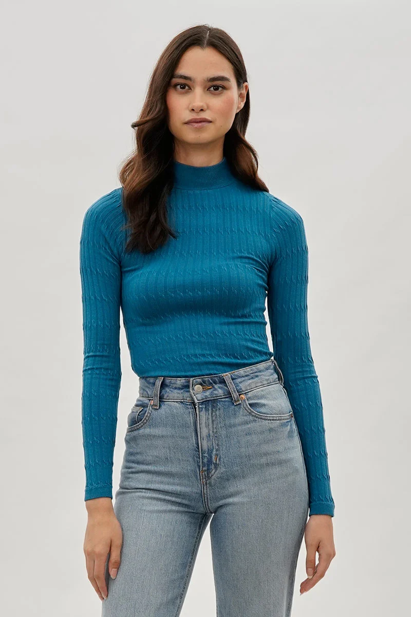 Ribbed Mock Neck Long Sleeve Top - Blue