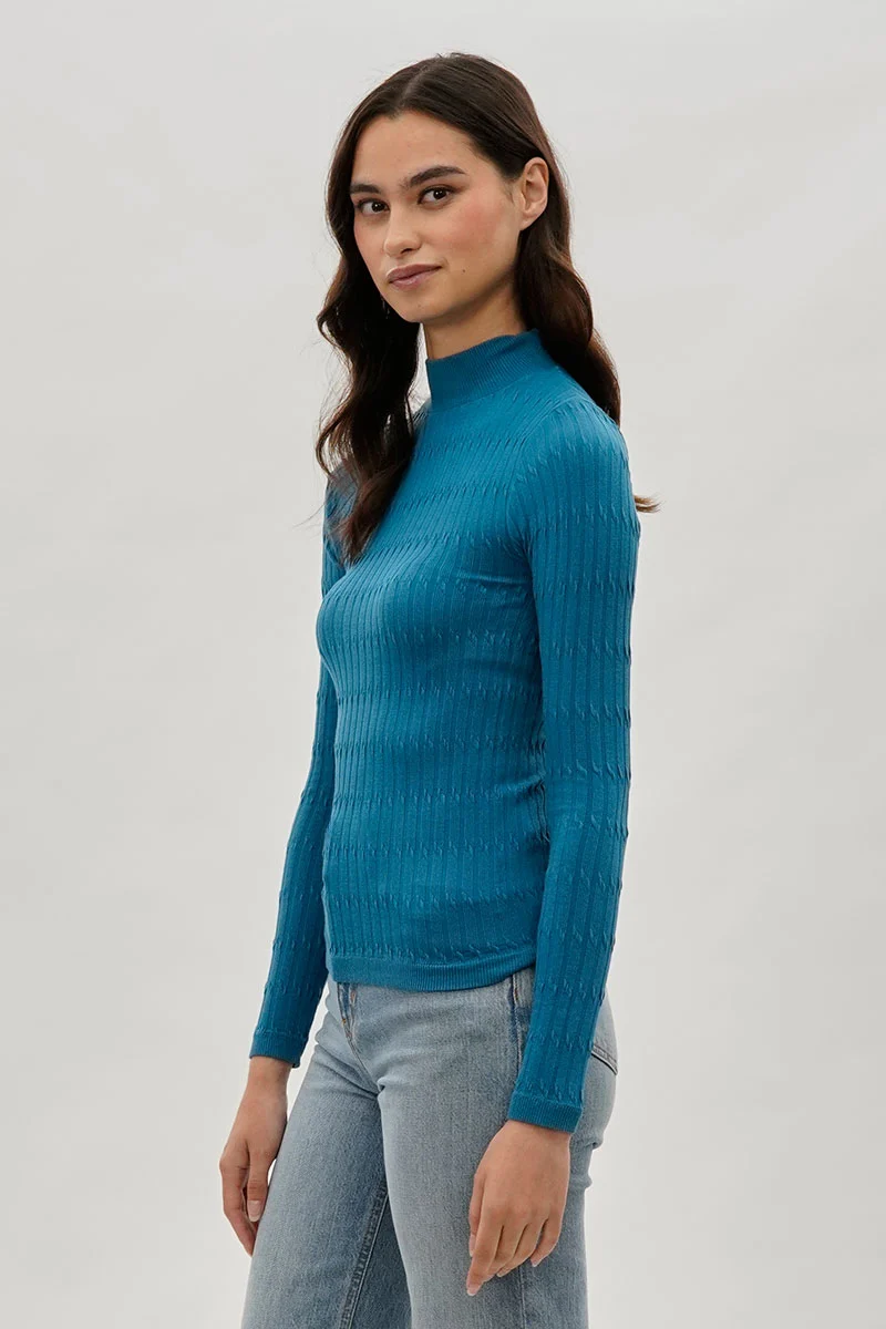 Ribbed Mock Neck Long Sleeve Top - Blue - Image 2