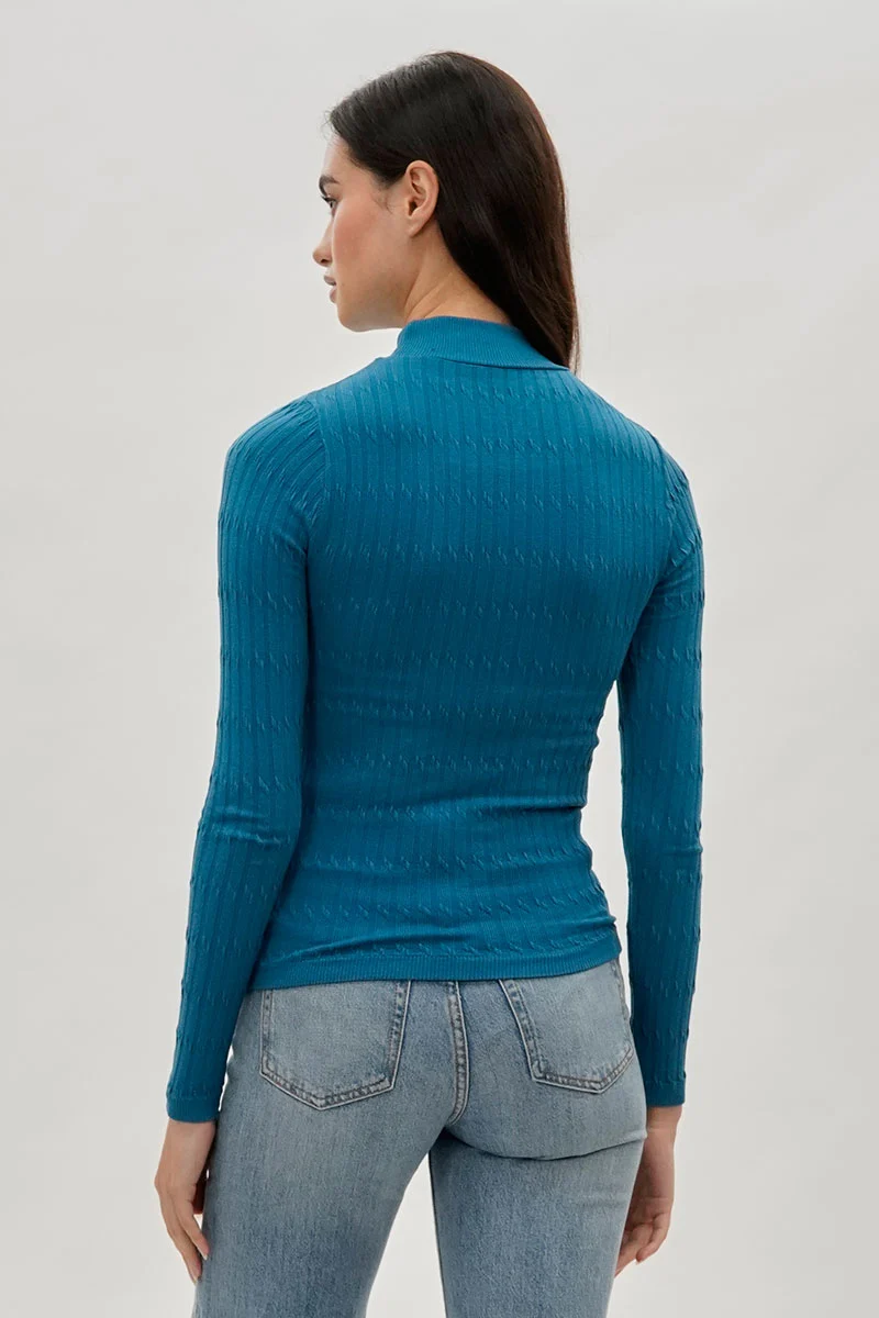 Ribbed Mock Neck Long Sleeve Top - Blue - Image 3