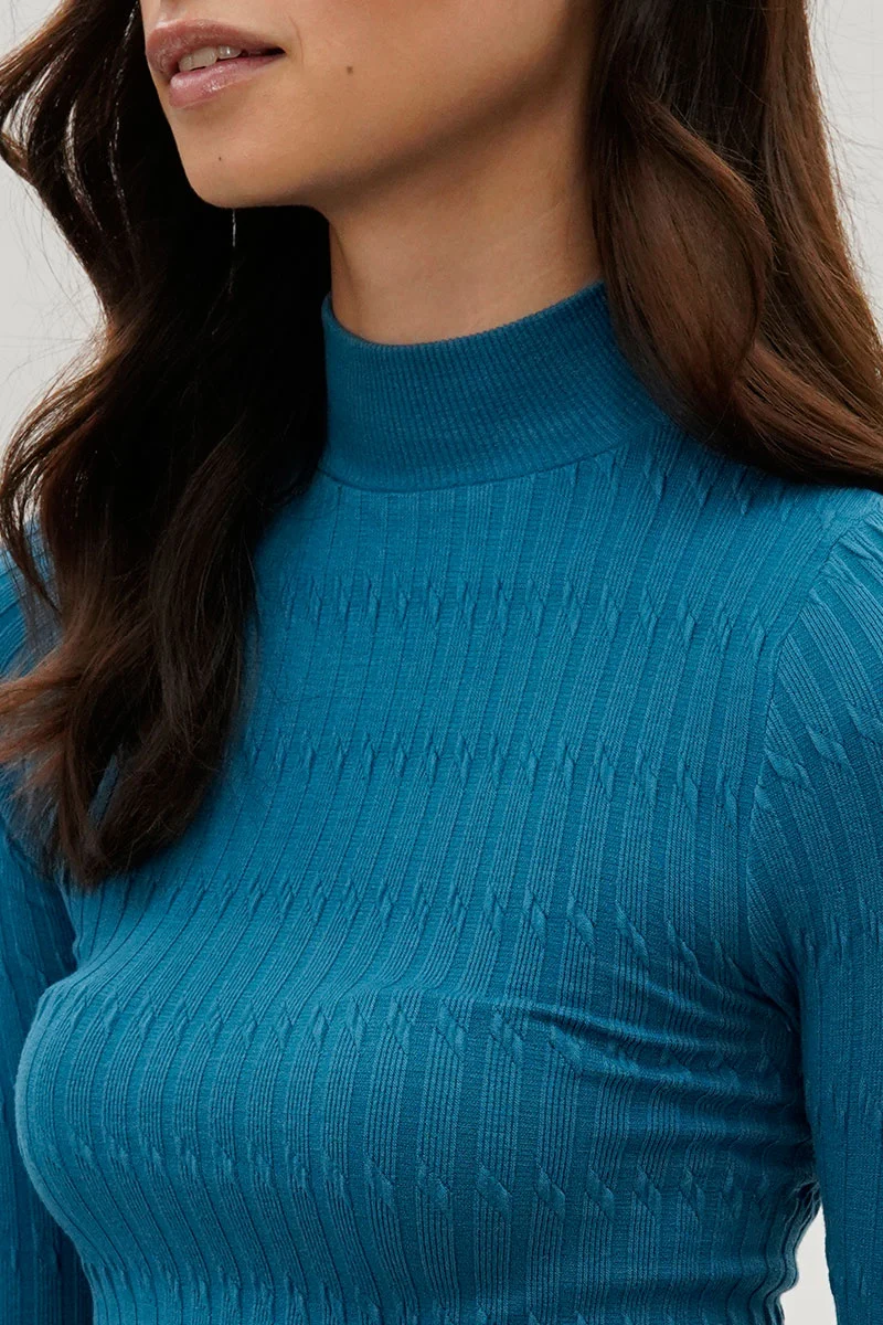 Ribbed Mock Neck Long Sleeve Top - Blue - Image 4