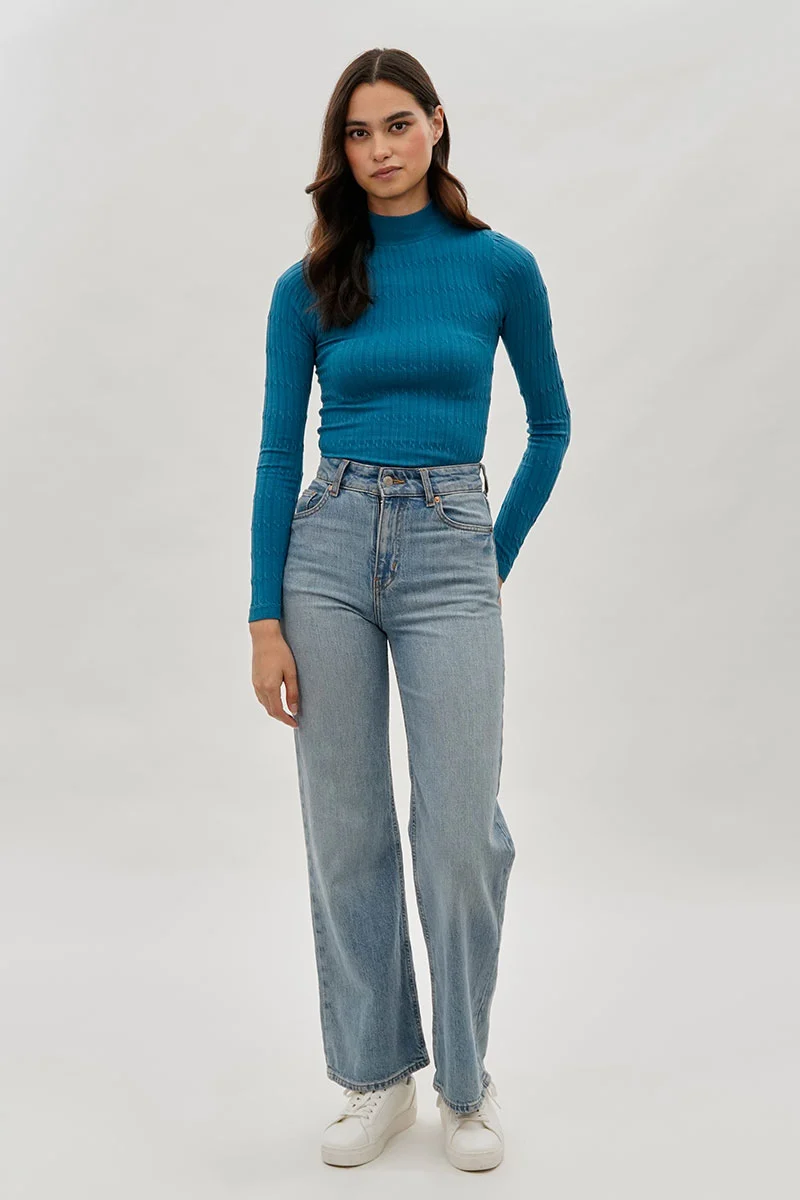 Ribbed Mock Neck Long Sleeve Top - Blue - Image 5