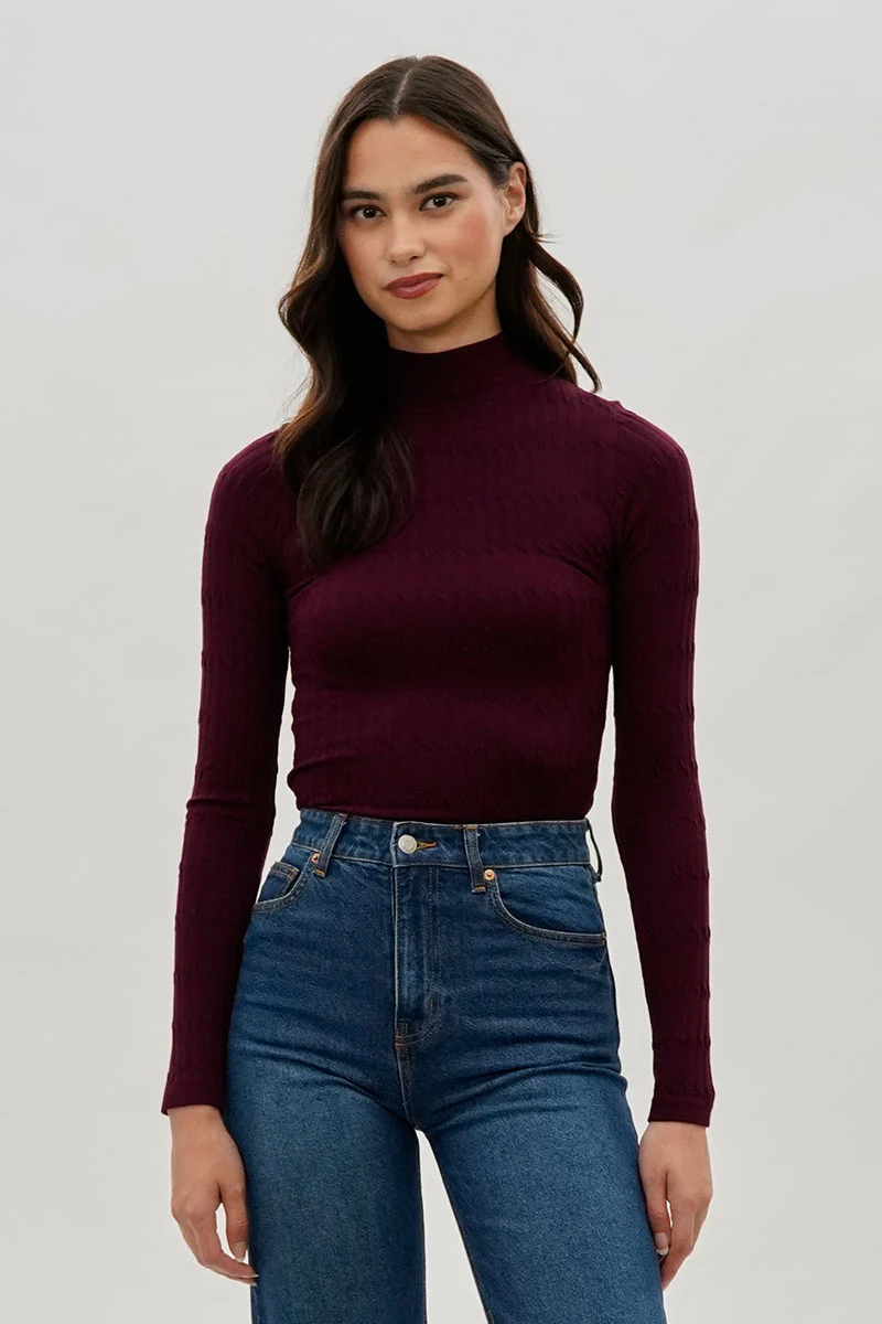 Ribbed Mock Neck Long Sleeve Top - Burgundy