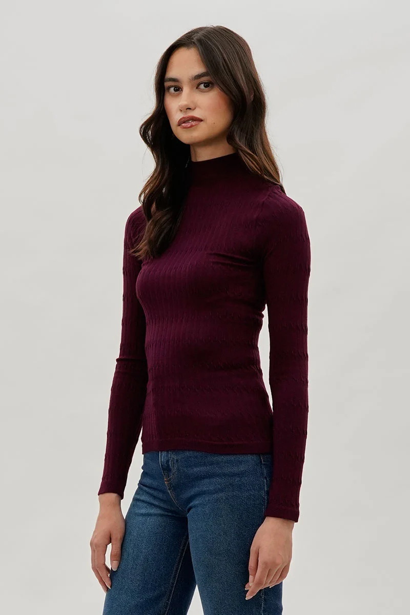 Ribbed Mock Neck Long Sleeve Top - Burgundy - Image 2