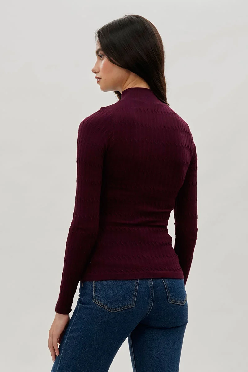 Ribbed Mock Neck Long Sleeve Top - Burgundy - Image 3