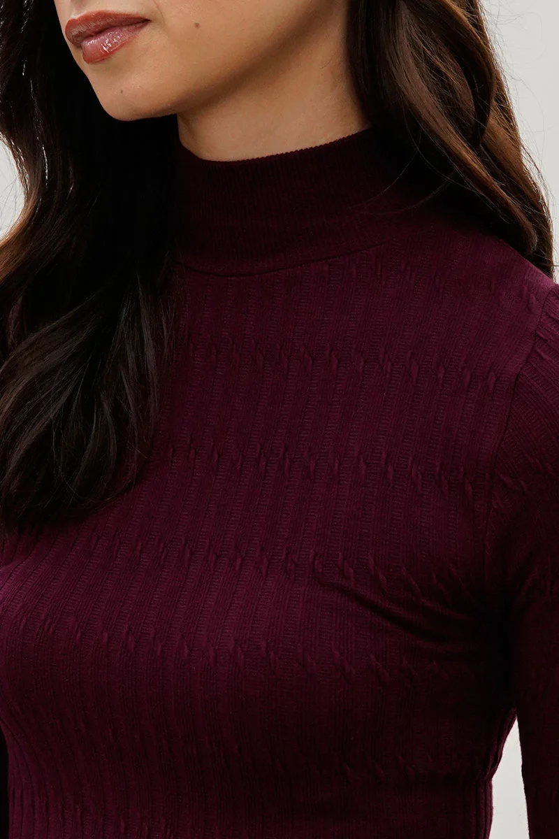 Ribbed Mock Neck Long Sleeve Top - Burgundy - Image 4
