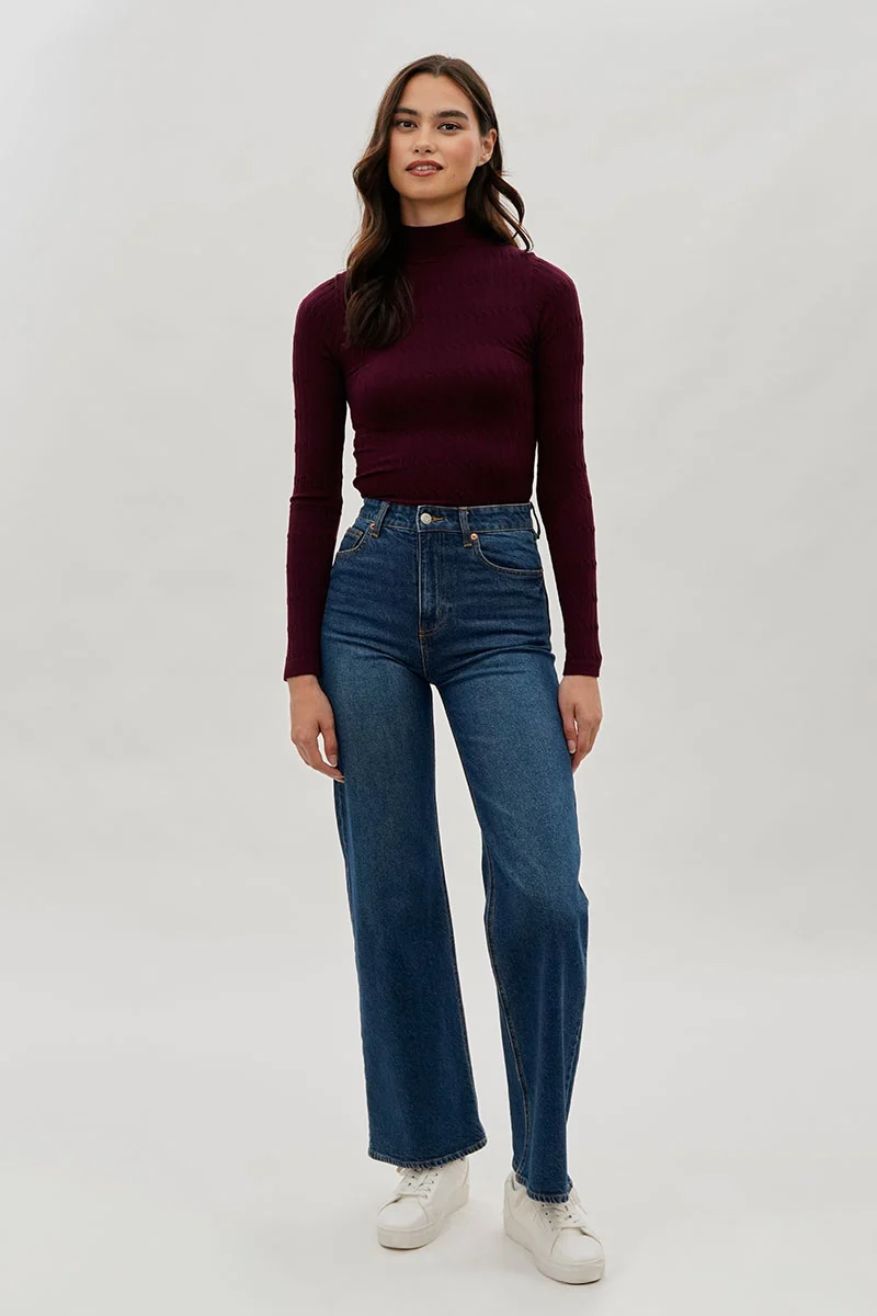 Ribbed Mock Neck Long Sleeve Top - Burgundy - Image 5