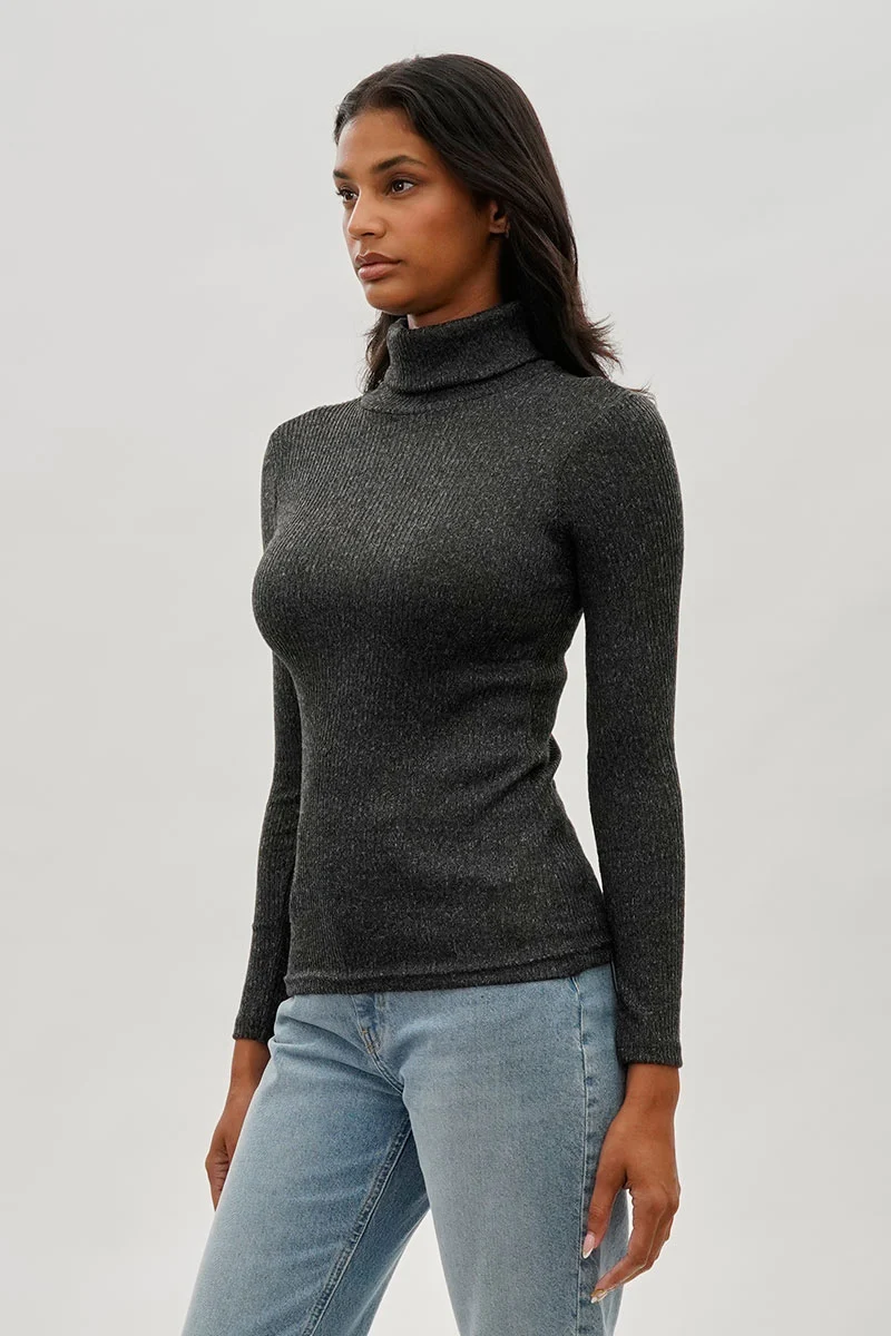 Ribbed Turtleneck Pullover Sweater - Black - Image 2