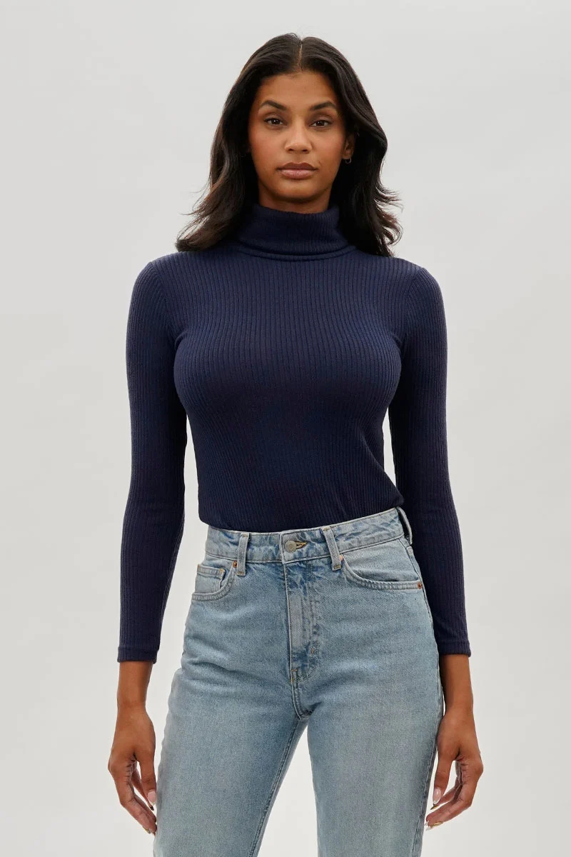 Ribbed Turtleneck Pullover Sweater - Navy