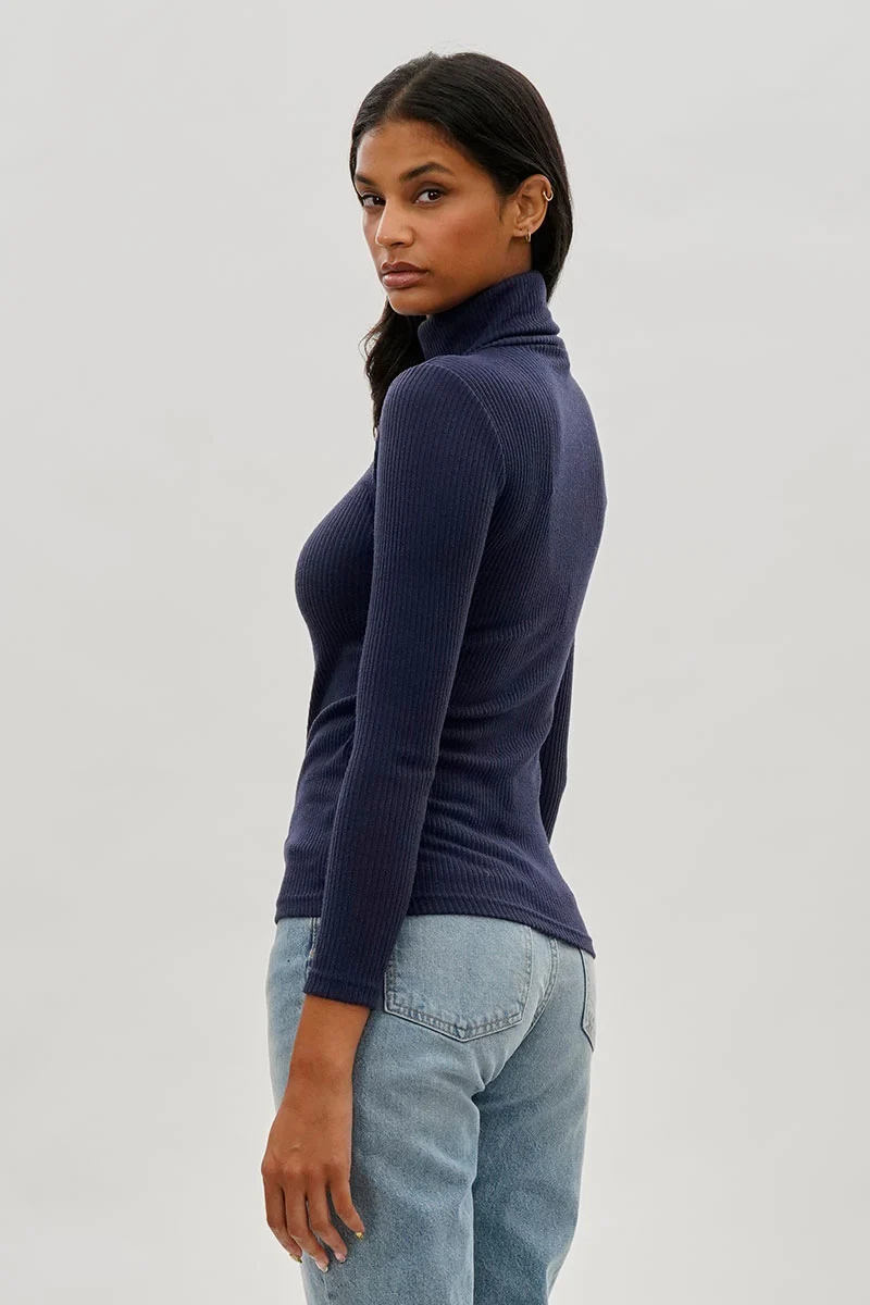 Ribbed Turtleneck Pullover Sweater - Navy - Image 3