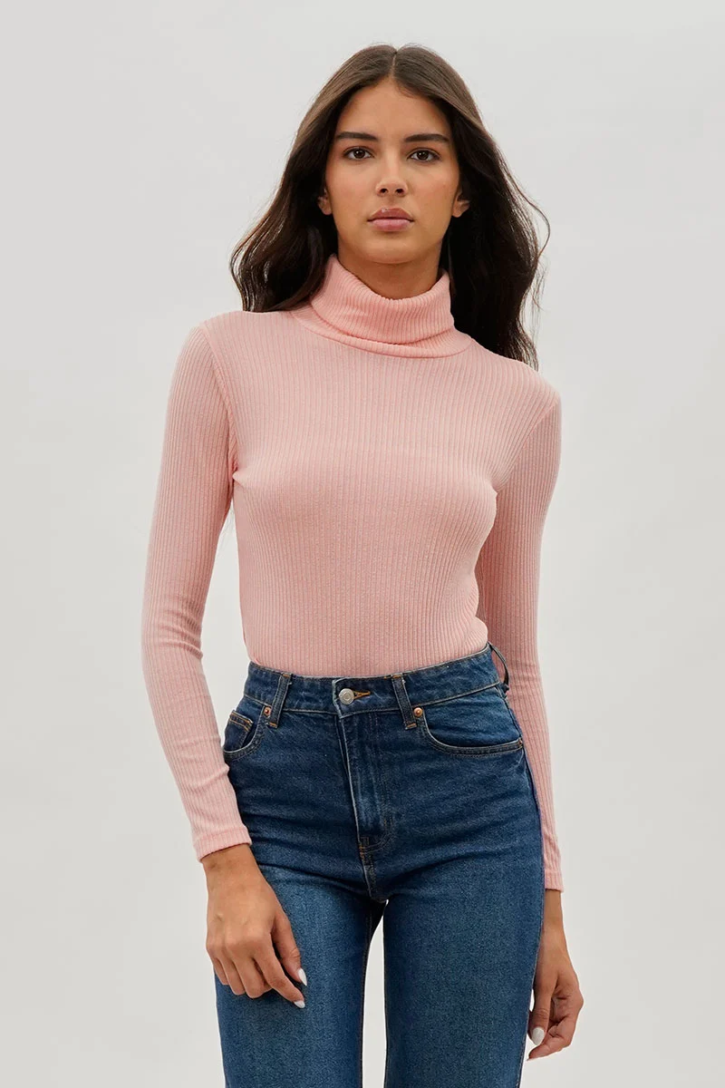 Ribbed Turtleneck Pullover Sweater - Pink