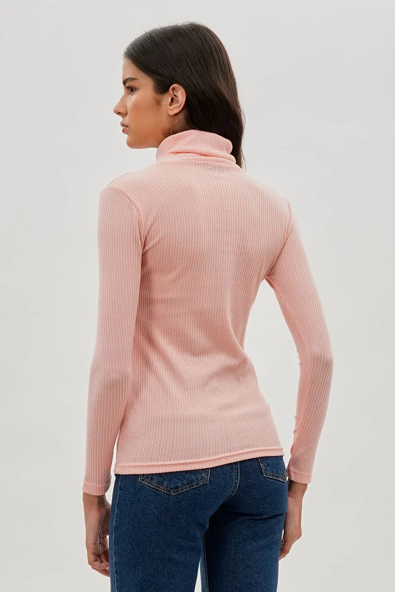 Ribbed Turtleneck Pullover Sweater - Pink - Image 3