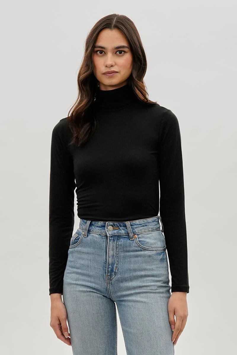Cinched Side Turtleneck Long Sleeve Top - Black