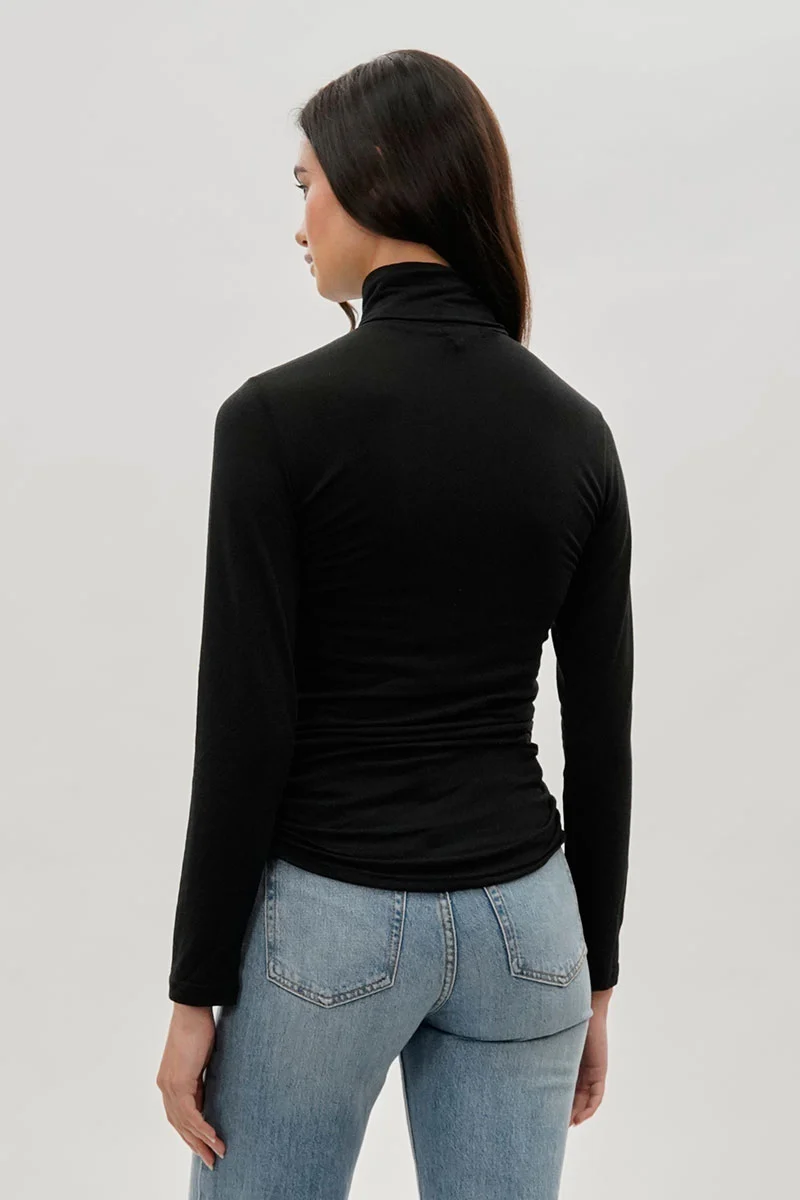 Cinched Side Turtleneck Long Sleeve Top - Black - Image 3