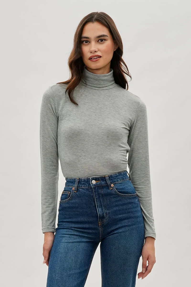 Cinched Side Turtleneck Long Sleeve Top - Grey