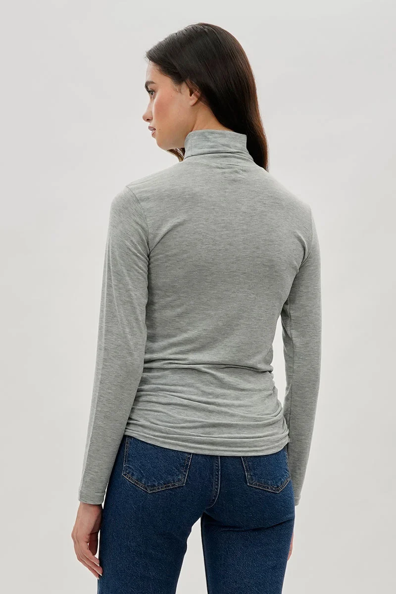 Cinched Side Turtleneck Long Sleeve Top - Grey - Image 3