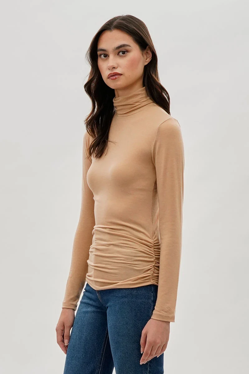 Cinched Side Turtleneck Long Sleeve Top - Cream - Image 2