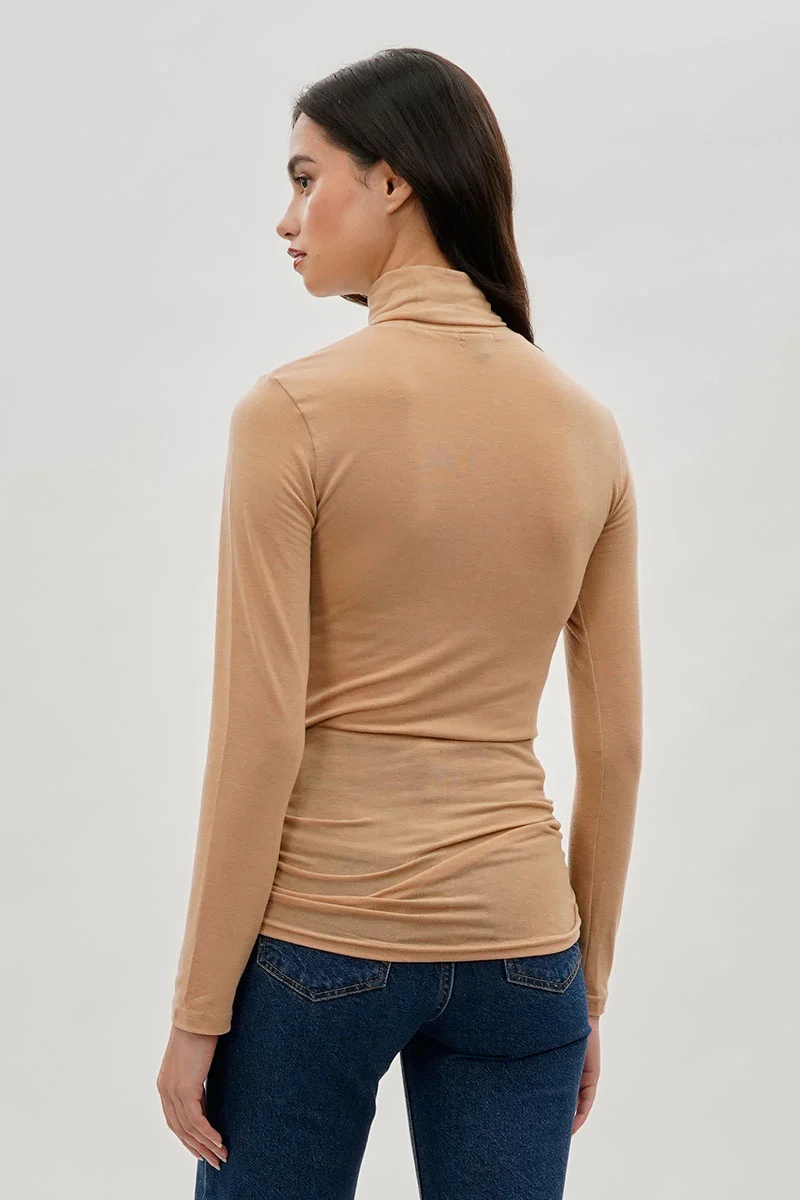 Cinched Side Turtleneck Long Sleeve Top - Cream - Image 3