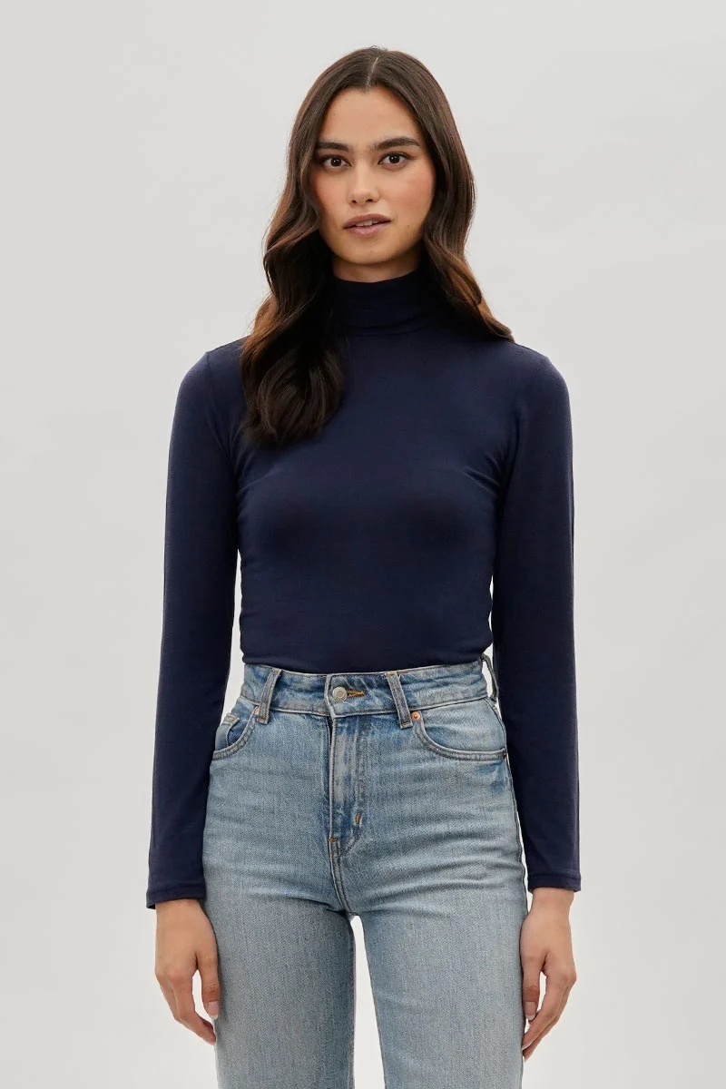 Cinched Side Turtleneck Long Sleeve Top - Navy