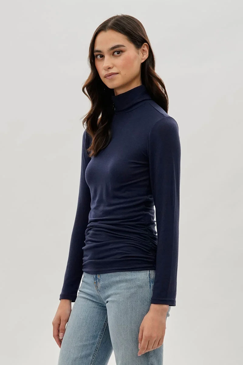Cinched Side Turtleneck Long Sleeve Top - Navy - Image 2
