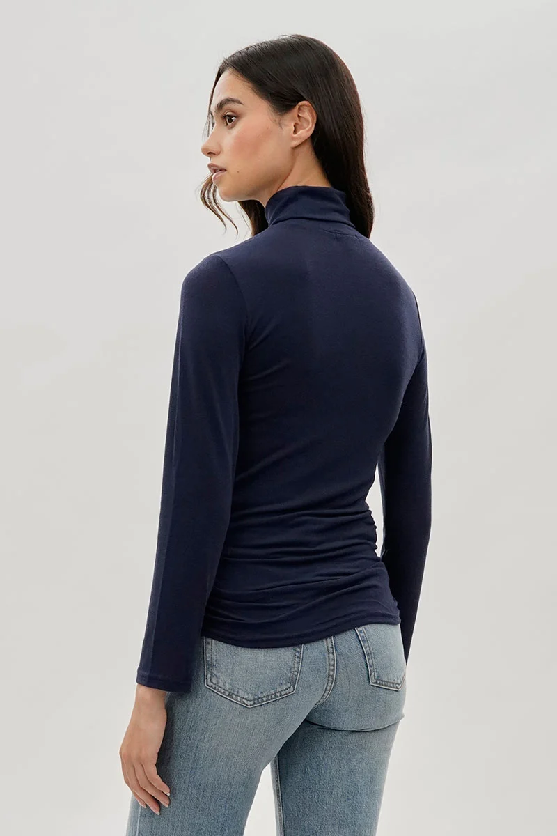 Cinched Side Turtleneck Long Sleeve Top - Navy - Image 3