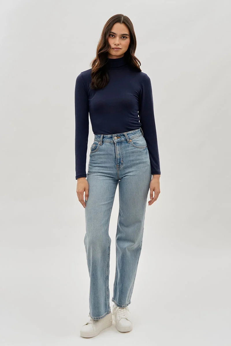 Cinched Side Turtleneck Long Sleeve Top - Navy - Image 5