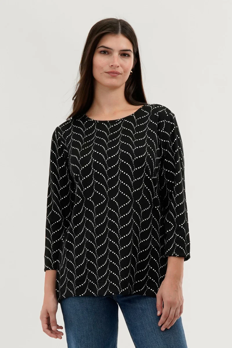 Patterned 3/4 Sleeve Blouse - Black