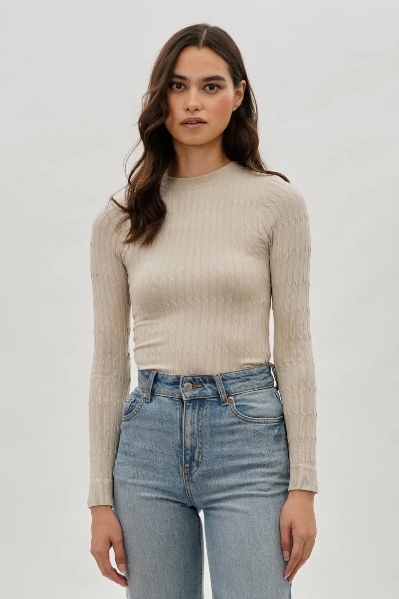 Ribbed Crewneck Long Sleeve Top - Beige