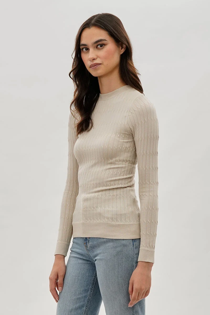 Ribbed Crewneck Long Sleeve Top - Beige - Image 2