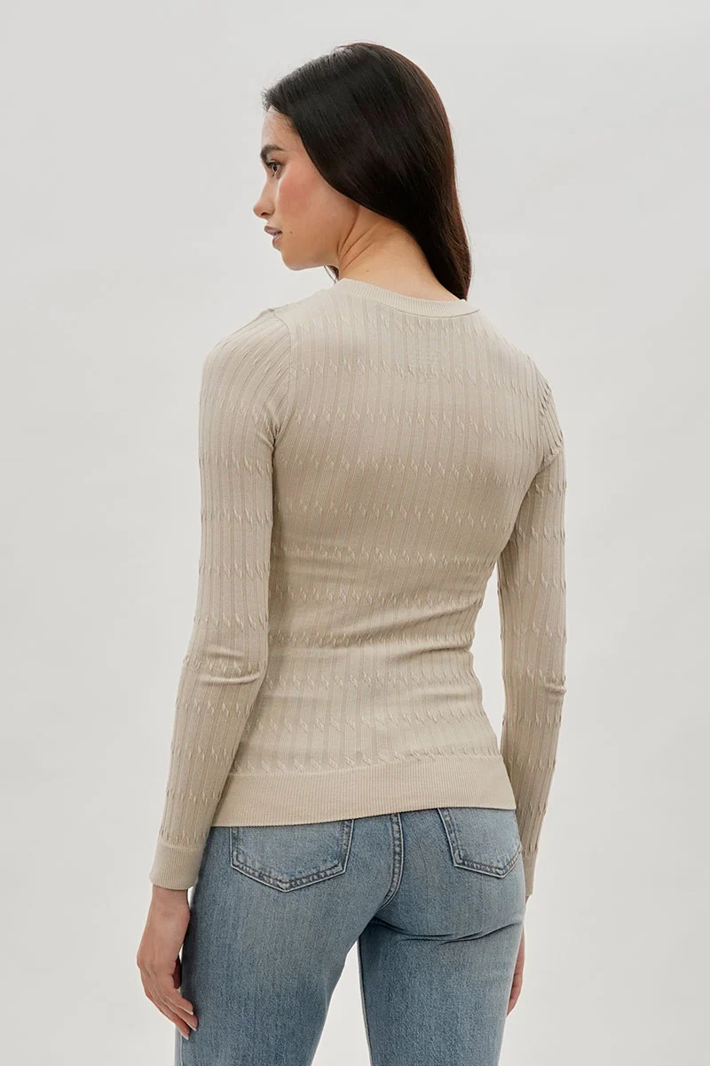 Ribbed Crewneck Long Sleeve Top - Beige - Image 3