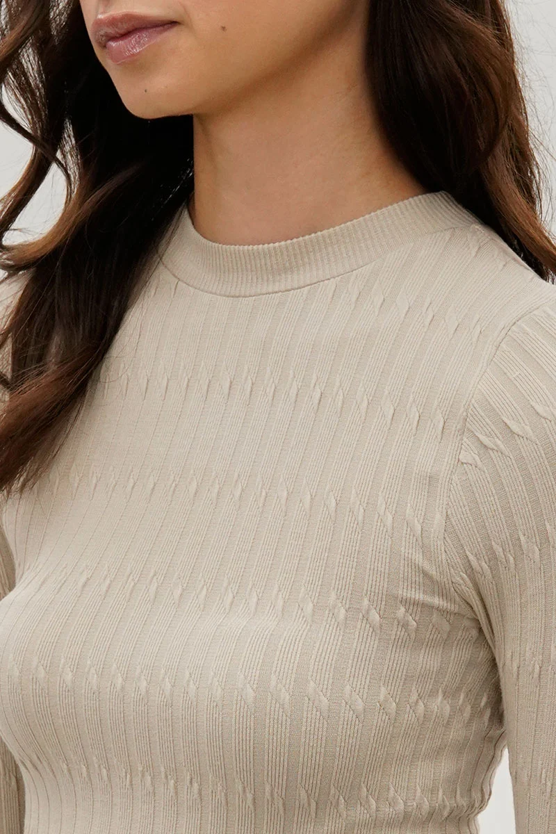 Ribbed Crewneck Long Sleeve Top - Beige - Image 4