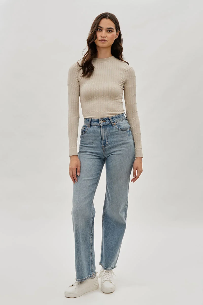 Ribbed Crewneck Long Sleeve Top - Beige - Image 5