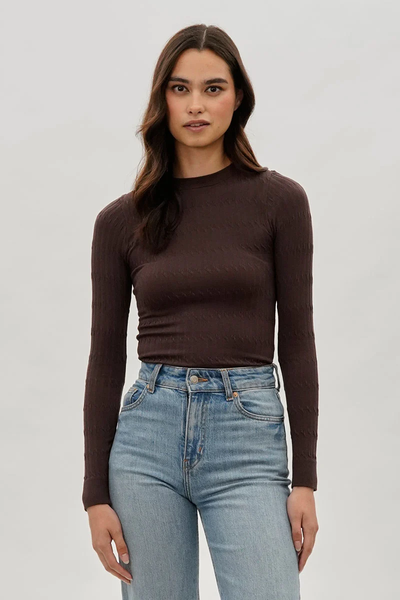 Ribbed Crewneck Long Sleeve Top - Brown