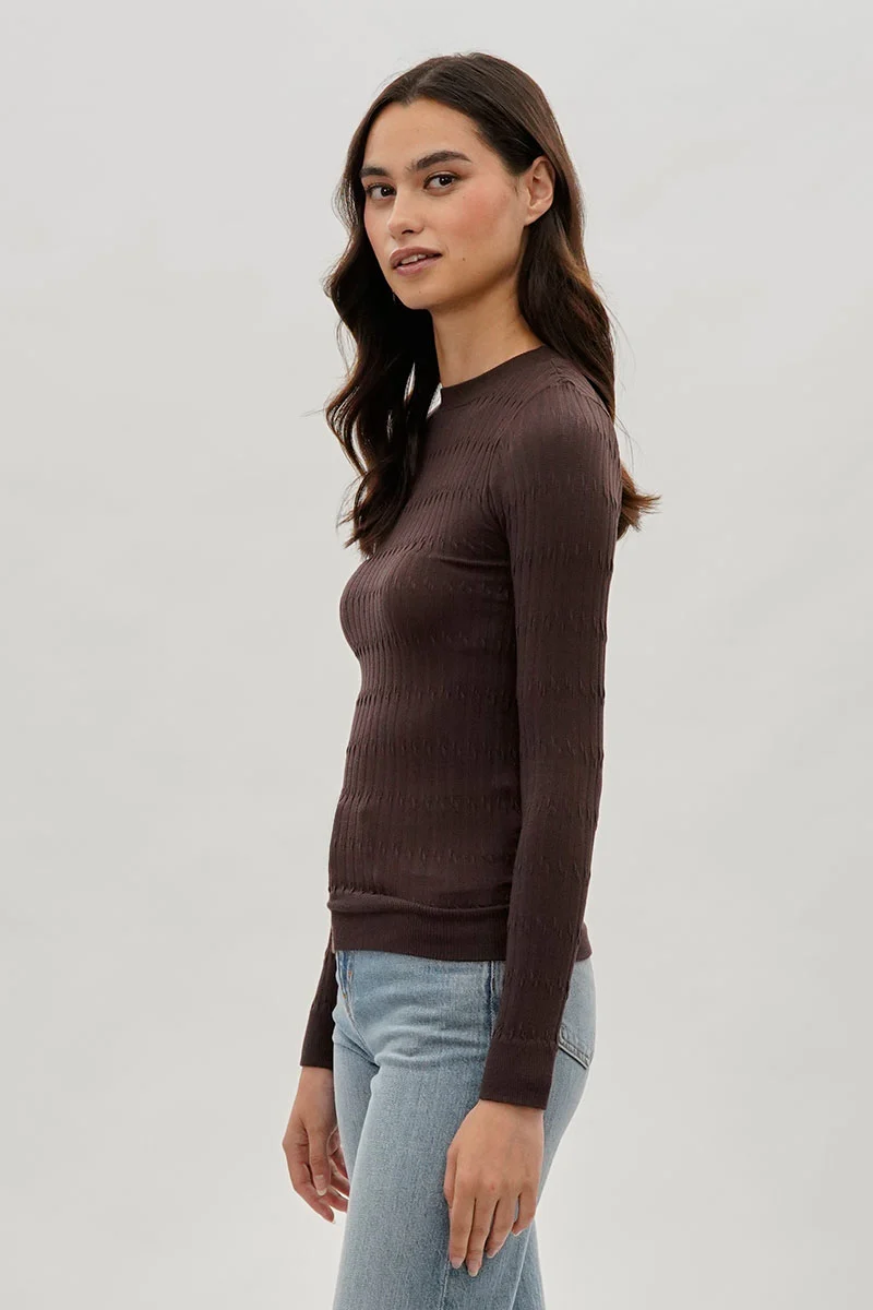 Ribbed Crewneck Long Sleeve Top - Brown - Image 2