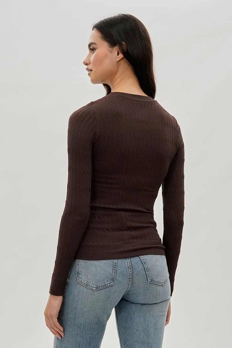Ribbed Crewneck Long Sleeve Top - Brown - Image 3