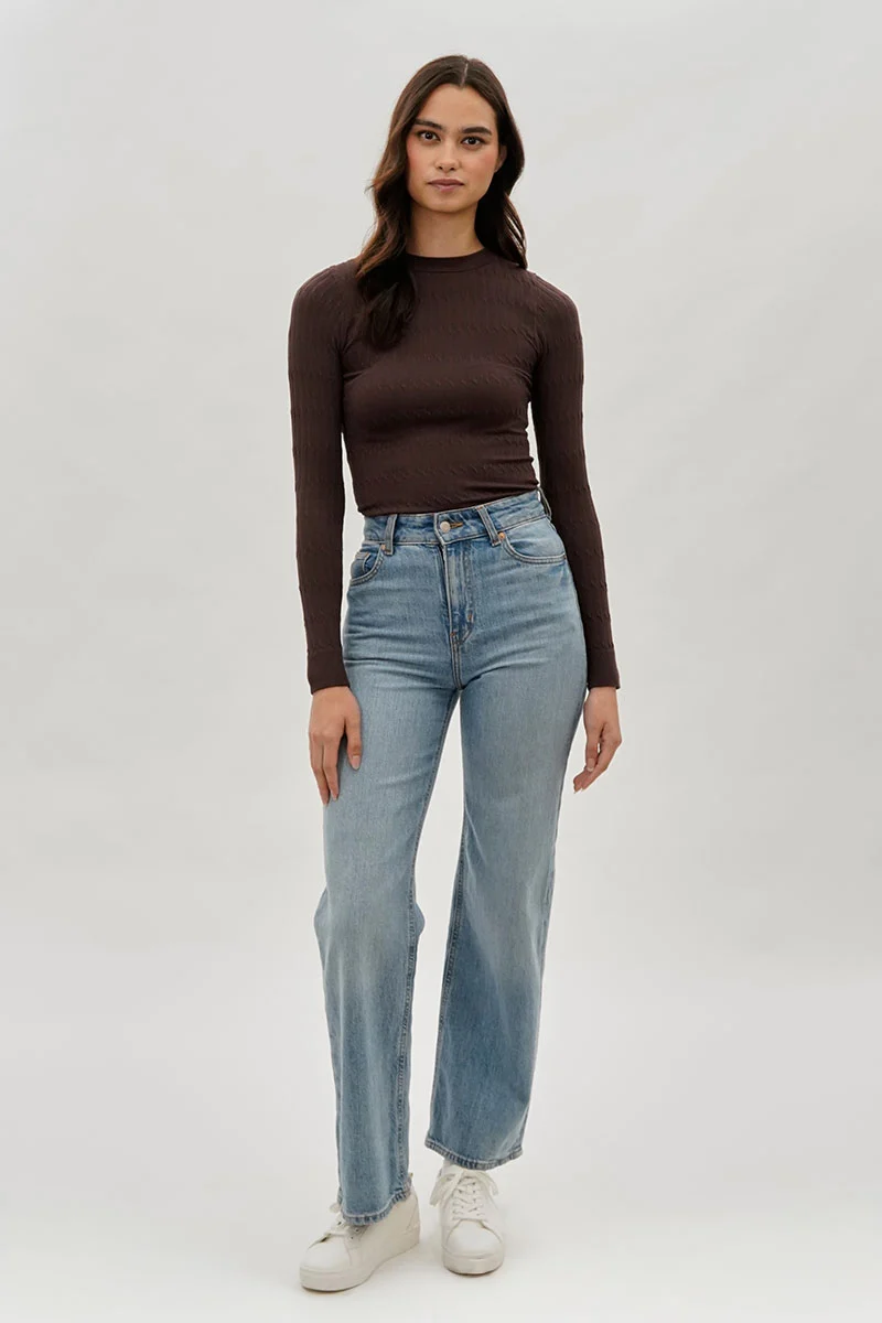 Ribbed Crewneck Long Sleeve Top - Brown - Image 5