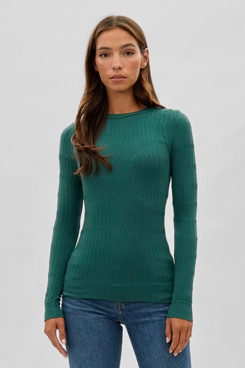 Ribbed Crew Neck Long Sleeve Top - Green