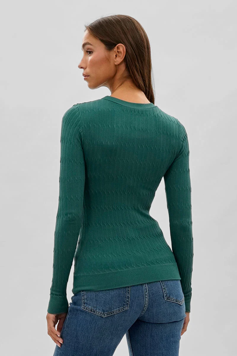 Ribbed Crew Neck Long Sleeve Top - Green - Image 3