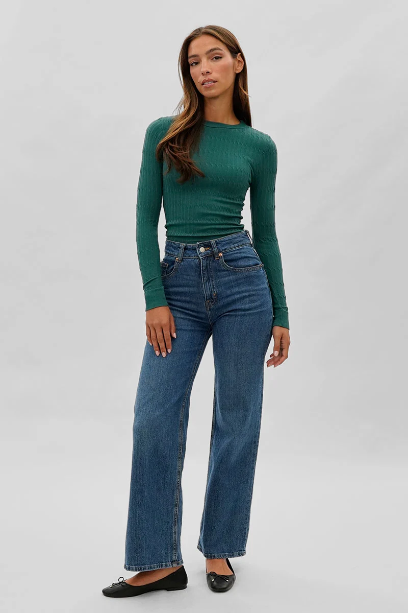 Ribbed Crew Neck Long Sleeve Top - Green - Image 5