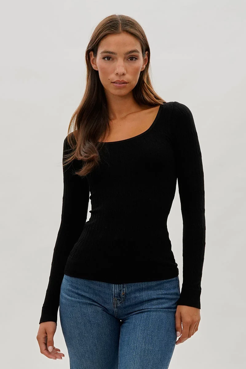 Ribbed Scoop Neck Long Sleeve Top - Black