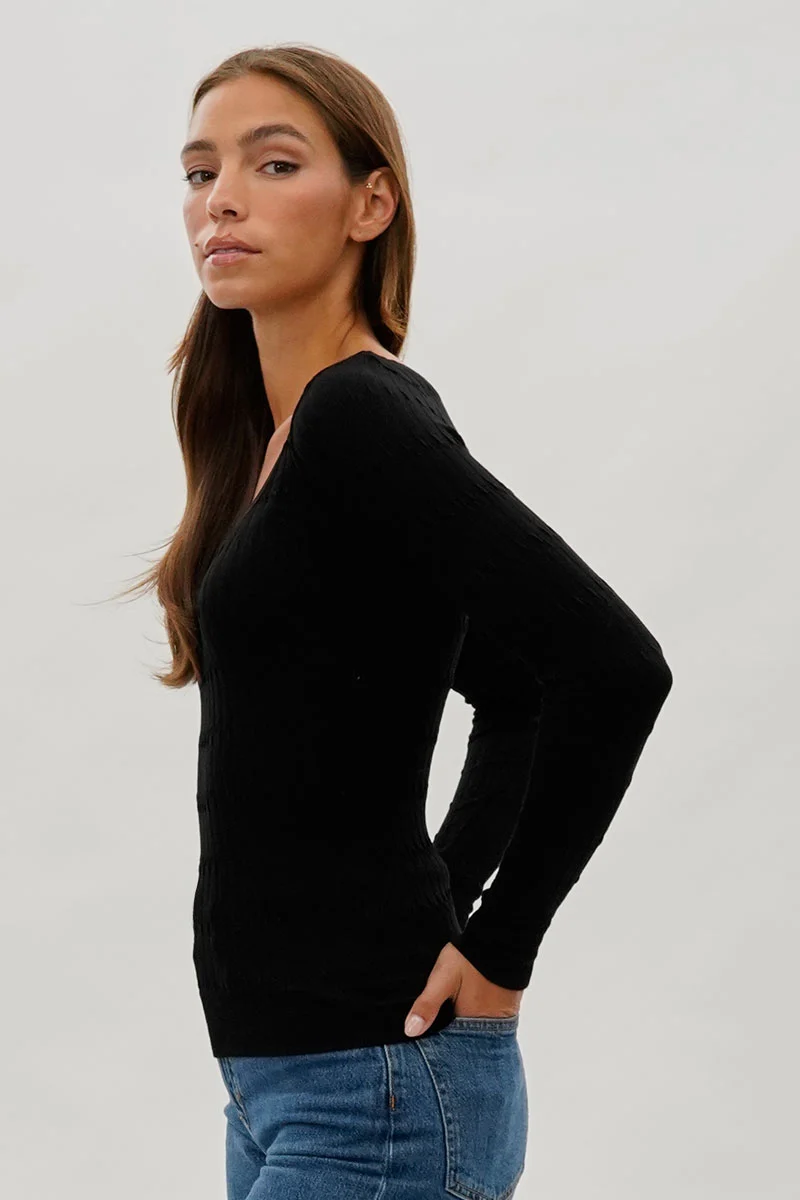 Ribbed Scoop Neck Long Sleeve Top - Black - Image 2