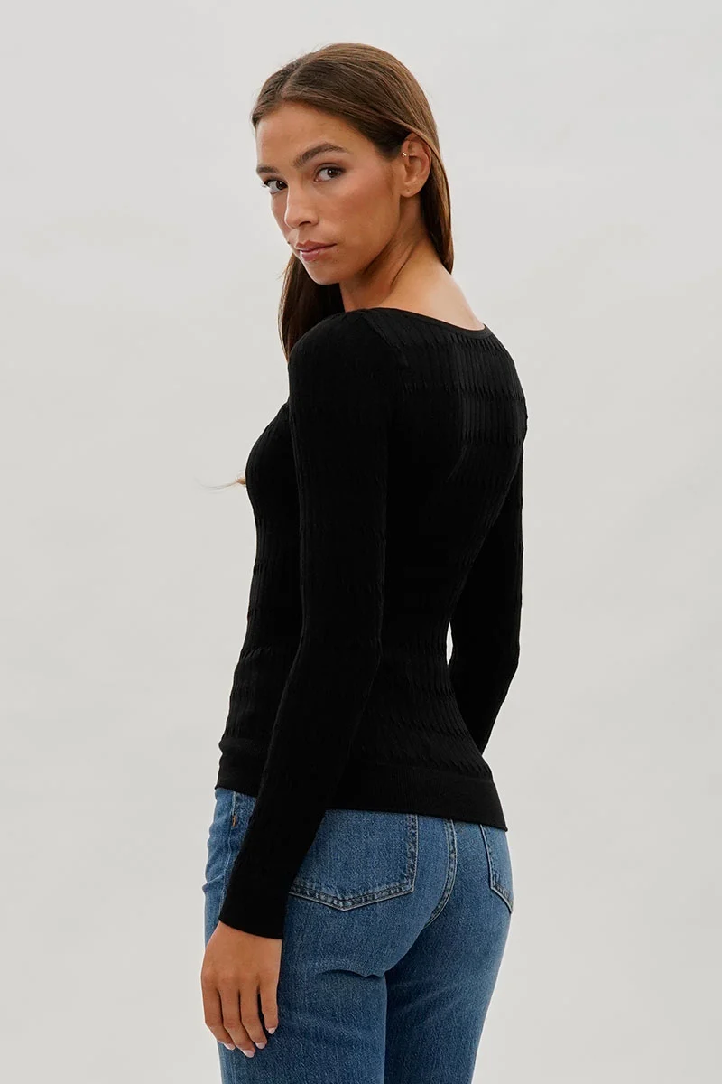 Ribbed Scoop Neck Long Sleeve Top - Black - Image 3