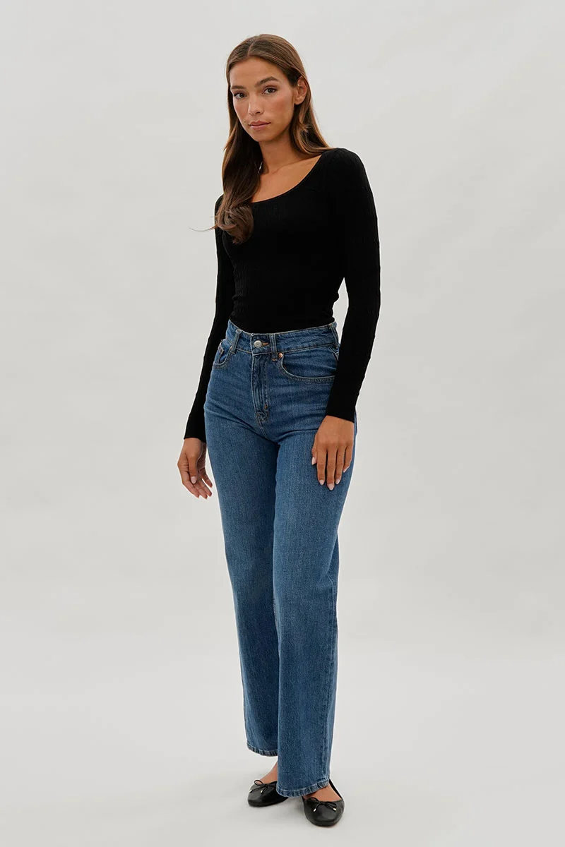 Ribbed Scoop Neck Long Sleeve Top - Black - Image 5
